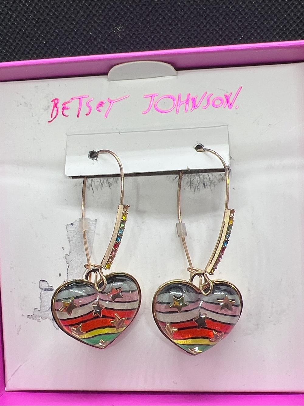 Betsey Johnson Pink & Multicolor Striped Heart Dangle Earrings